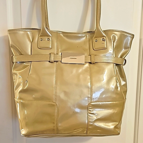 Calvin Klein Designer Large Tote, Taupe, Patent Leather, Magnetic Closure - Picture 3 of 8